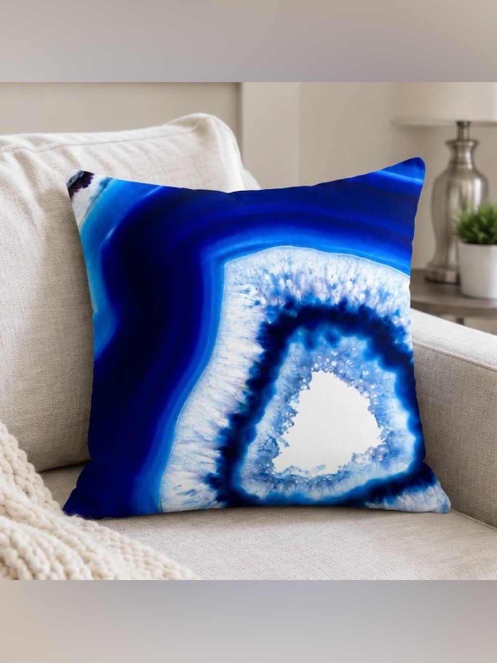 One Bella Casa Blue Geode Throw Pillow 16x16 Silver Accent NWT